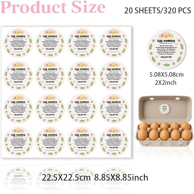 320 Pcs Egg Carton Labels, 2 Inch Pastoral Flower Style Eggs Handling Stickers Farm Fresh Laid on Sticker PET Adhesive Egg Packaging Sticker for Box Container Carton Farm Supplies