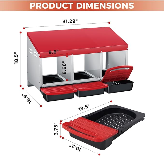 Heavy Duty 3-Compartment Chicken Nesting Box – Roll-Away Egg Collection, Removable Galvanized Steel Trays, Perch, Easy-Clean, Wall Mount or Freestanding, for Hens – Red, Three Grids