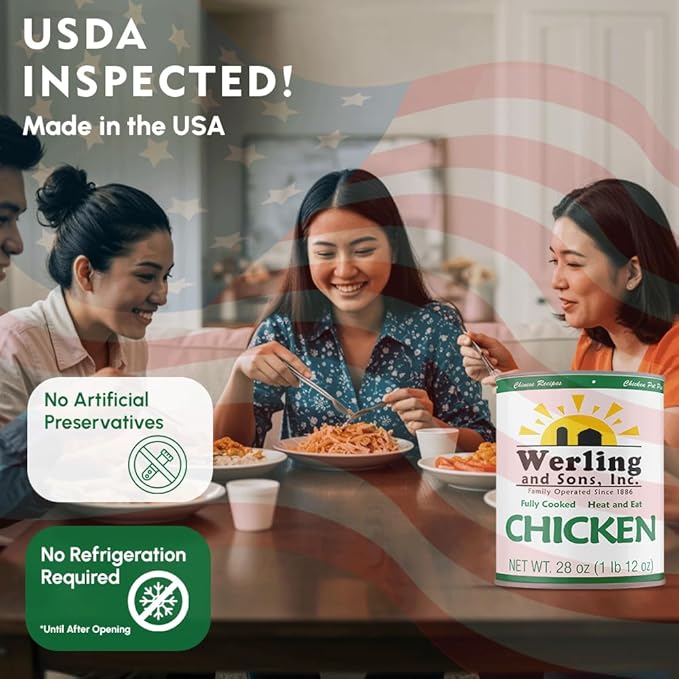 Werling & Sons Canned Chicken 28 Oz– Fully Cooked, Ready to Eat | Premium Quality, Recipe-Ready Canned Meat | 5-Year Shelf Life | Pantry Staple for Camping, Survival & Emergency Use | Made in USA | Pack of 6