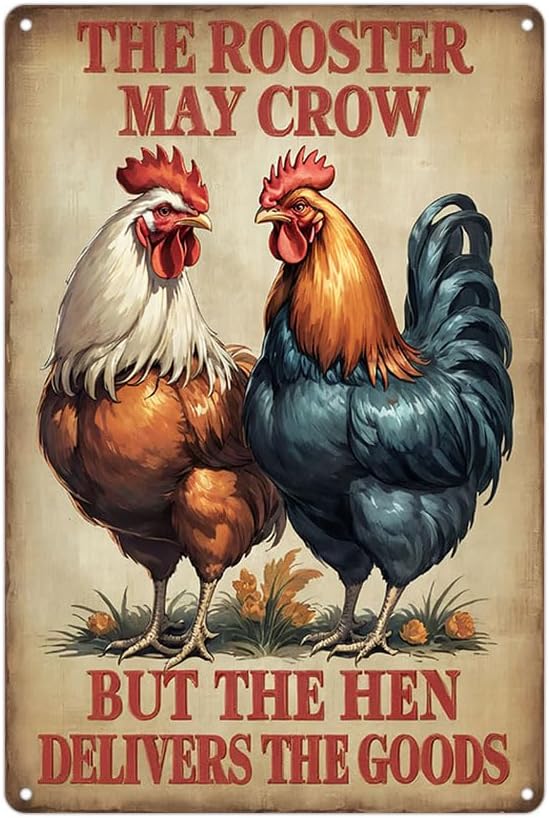 The Rooster May Crow But The Hen Delivers Sign 8x12 Inch Grade Reflective Sheeting Rust Free Aluminum Easy to Mount Pre-Drilled Holes Decor for Farm Chicken Coop Kitchen Backyard
