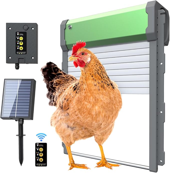 Automatic Chicken Coop Door Solar-Powered Chicken Coop Door with Remote Control - Smart Timer & Light Sensor, Anti-Pinch Safety Design, Large Weatherproof Entry for Poultry (Green)
