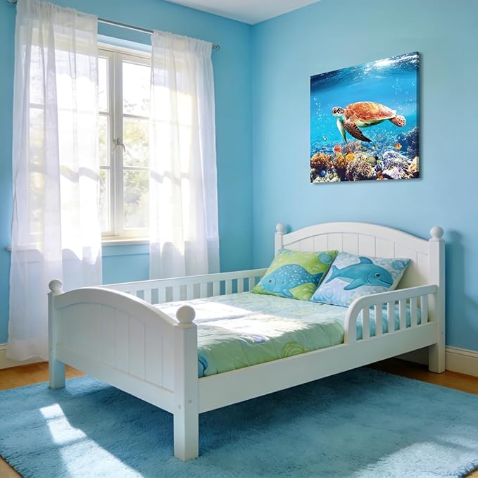 Woxfcart Sea Turtle Canvas Wall Art Tropical Turtle Picture Gift Sea Life Teal Ocean Animal Prints for Bathroom Bedroom Living Room Decor, 24 x 24 Inch, Ready to Hang