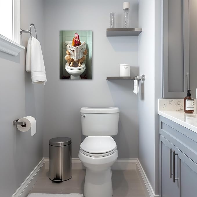 AWPANERAR Rooster Bathroom Wall Art Funny Chicken on Toilet Painting Rustic Farmhouse Animals Reading Newspaper Picture for Restroom Decor Framed (42L x 28W)