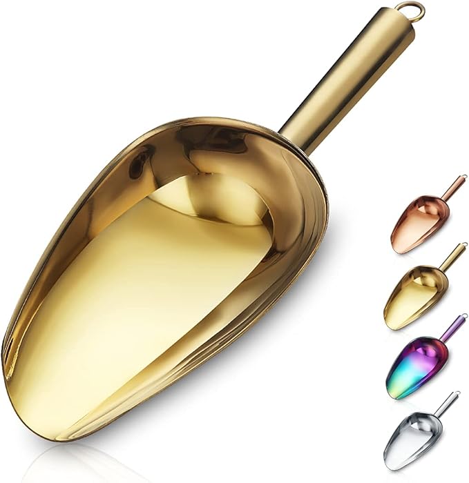 Berglander Stainless Steel Gold Ice Scoop 6 OZ, Titanium Golden Plating Metal Ice Scooper For Ice Maker, Multipurpose For Candy Wedding Kitchen Bar Party, Pet Animal Dog Food Scoop Beach Shovel