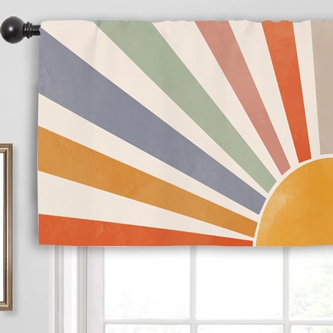 Miyotaa Sun Pastel Kitchen Curtain Valance 54W x 18H Rod Pocket Vintage Retro Colorful 70s Sunrise Sunset Window Treatment for Living Room Bedroom Bathroom Party