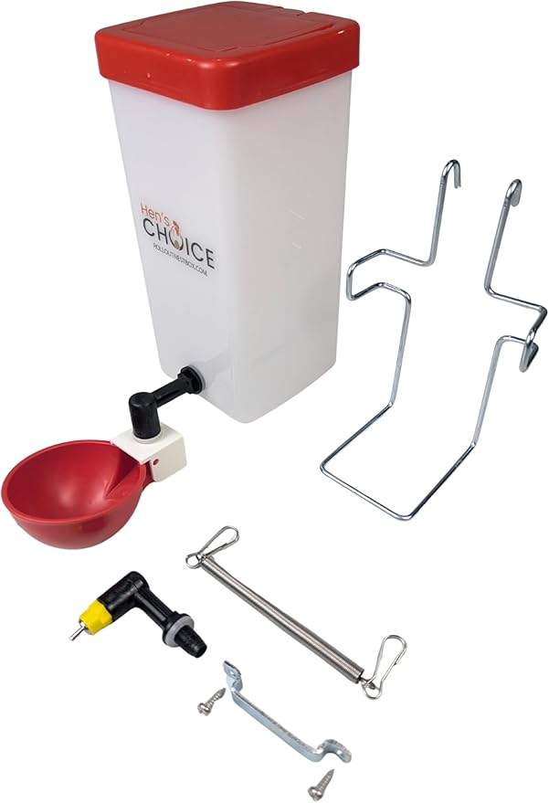 Hen's Choice™ 1L (32 oz) Drinker W/Cup, Nipple, & Wire Bracket for Poultry & Small Animals, Chick Waterer, Red