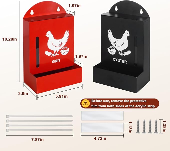 2 Pack Chicken Grit and Oyster Shell Feeder, Metal Oyster Shell Feeder with Visual Window and Lid, Hanging Gravity Chicken Grit Feeder, Chicken Coop Accessories for Healthier Hens and Eggs