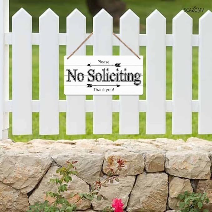 Please No Soliciting Thank You Funny Rustic Wooden Front Door Sign Vintage Outdoor Wall Art Hanging Plaque for Porch Yard Store Home Farmhouse Decor 10''x 5''