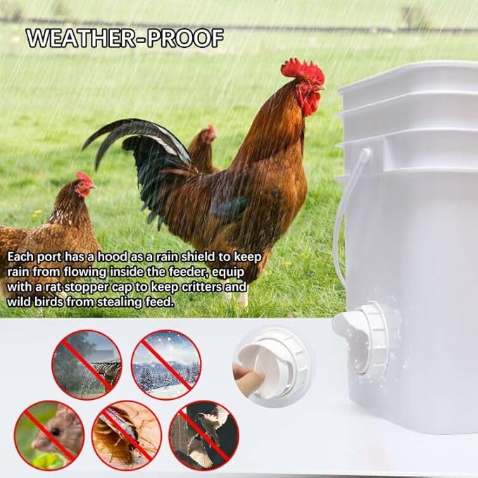 Chicken Feeders No Waste 12 Ports, DIY Poultry Feeder with 12 Covers 1 Hole Saw, Rain Proof Automatic Gravity Chicken Feeder Kits for Buckets, Barrels, Bins, Troughs (White)