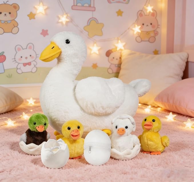 7 in 1 Duck Stuffed Animal Plush Duck Toys for Kids Toddler, 12" Mommy White Stuffed Duck Plush Toy with 4 Baby Ducks Ducklings Eggs Duck Plushie Pillow for Birthday Easter Stuffers Gifts Farm Party