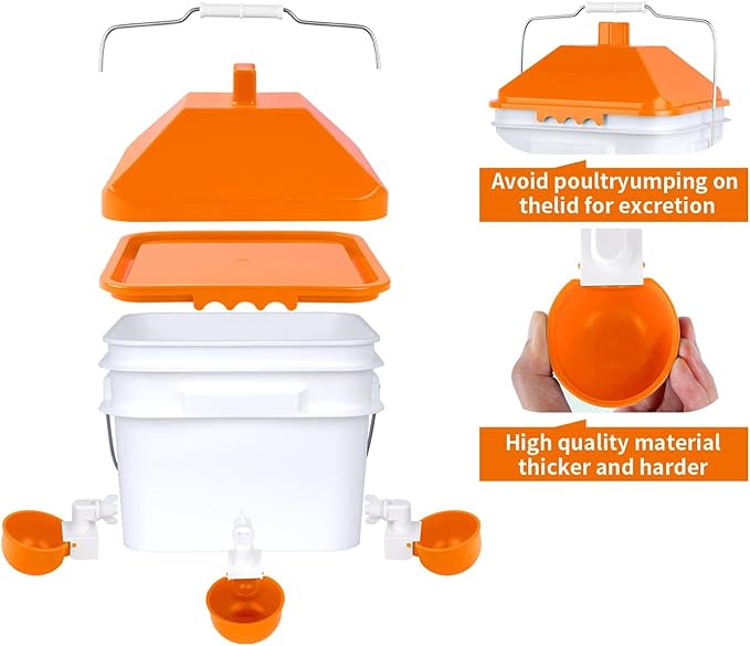 Chicken Waterer with 4 Water Cups,2 Gallons Watering Bucket with Automatic Chicken Waterers, Hanging Chicken Waterer Suitable for Chicken, Ducks, Pigeons and Quails(Orange)