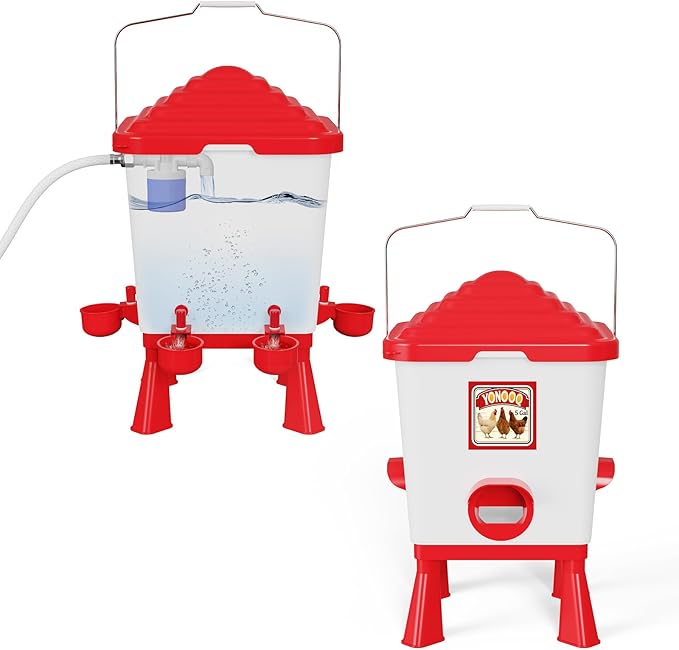 5 Gallon/26 Pounds Automatic Chicken Feeder and Waterer Set, Chicken Waterer with Automatic Float Valve, No Waste, Rain Proof Poultry Feeder, Chick Coop Accessories, for Chicken, Duck, Turkey