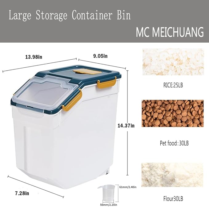 Large Flour Storage Container Bin 25lb, 2Pack Airtight Rice Storage Containers with Measuring Cup&Scoop, BPA Free with Wheels Seal Locking Lid for Flour, Rice, Grain (50LBS Total, Blue)