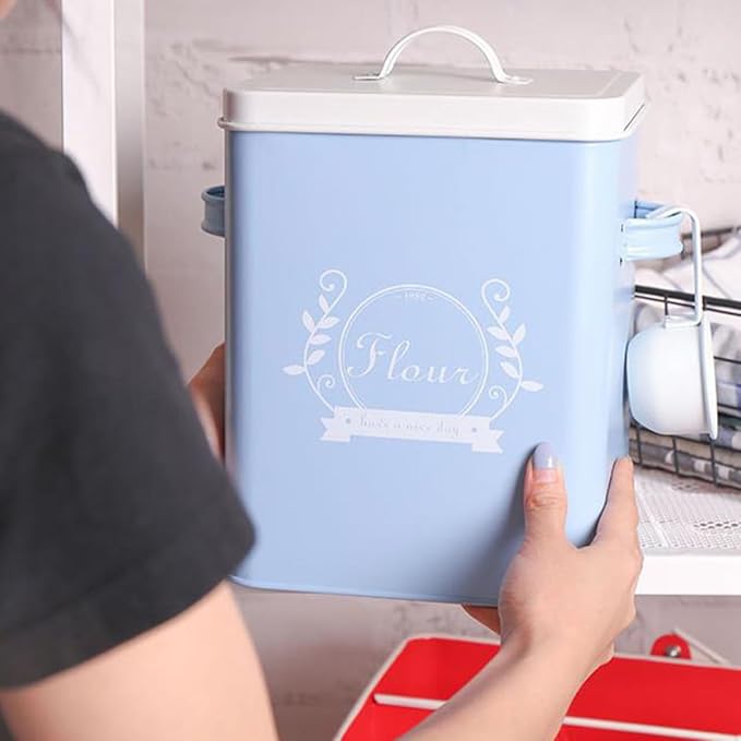 Iron Rice Storage Box Blue Grain Container Kitchen Food Storage Organizer Sturdy Galvanized Metal Bread Bin for Household Pantry