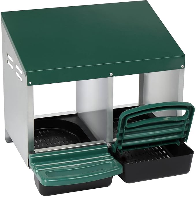 Chicken Nesting Boxes, 2 Compartment Roll Out Brooder Boxes for Poultry, Heavy Hens Roosting Box with Pull Out Egg Collection Tray and Protection, Ventilated Bottom, Chicken Coop (Green)