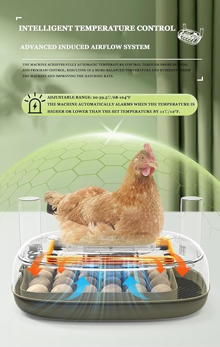 Smart Egg Incubator with Automatic Egg Turner & Built-in Candler, Stable Temperature Control, for Hatching Chicken Quail Duck Goose Eggs, 24 Eggs Capacity, External Water Refill