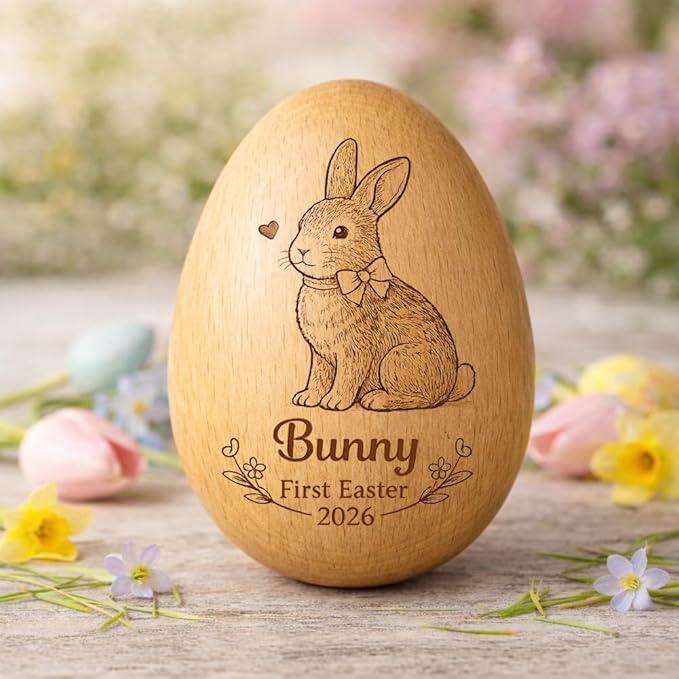 Personalized Wooden Easter Egg – Custom Engraved Bunny Name Egg, Baby First Easter Keepsake Gift, Rustic Wood Bunny Decor, Cute Basket Stuffer for Kids, Spring Holiday Gift for Baby Boy Girl/1