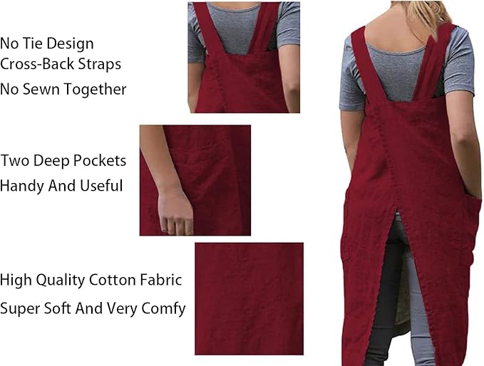Women's Pinafore Apron Cross Back Apron with Pockets Cotton Linen Apron Plus Size Dress
