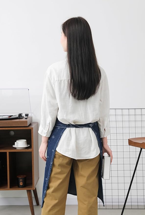 Cotton Denim Apron Soft - Unisex Adjustable Bib Apron with 5-Pockets Perfect for Kitchens