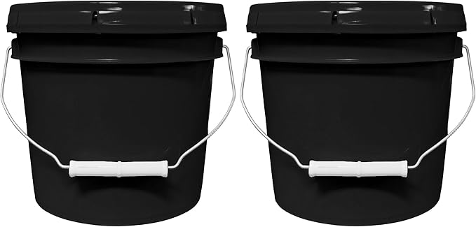 1-Gallon Bucket with Airtight Lid – Made in USA, Food Grade BPA Free Plastic, Heavy Duty Multi-Use, Metal Handle with Grip, Stackable Storage – Black, 2 Pack