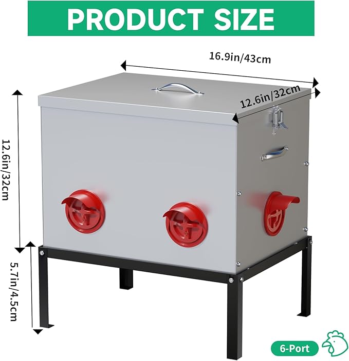 Automatic Chicken Feeder,6 Port Large Chicken Feeder with Raise 40 lb Capacity,Waterproof Galvanized Steel Poultry Feeder with Locking Lid for Chicken Coop