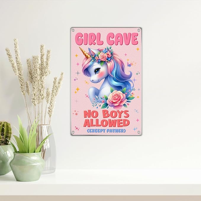 Girl Cave Metal Sign No Boys Allowed Except Father Pastel Wall Decor With Flowers Cute Bedroom And Playroom Decoration For Kids Lovers 8 x 12 Inch Outdoor Art