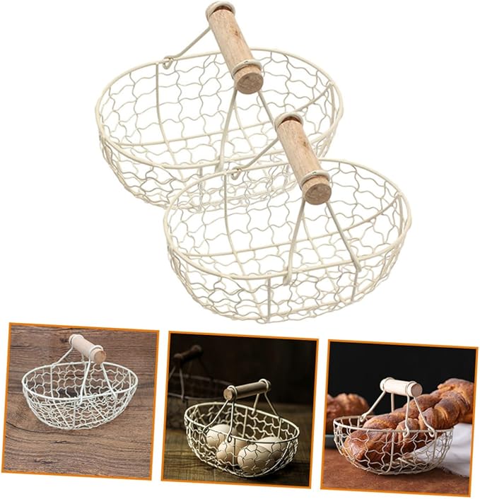 Luxshiny 2pcs White Iron Wire Mesh Basket with Wooden Handle, Farmhouse Style Fruit and Egg Storage Organizer for Kitchen Counter and Tabletop