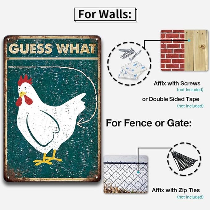 YOYI ART Funny Chicken Coop Sign for Outside - Guess What Chicken Butt, Rustic Vintage Metal Chicken Signs, Chicken Coop Decor Sign for Outdoor Farm Fence, Chicken Gifts for Women, 8 x 12 inch