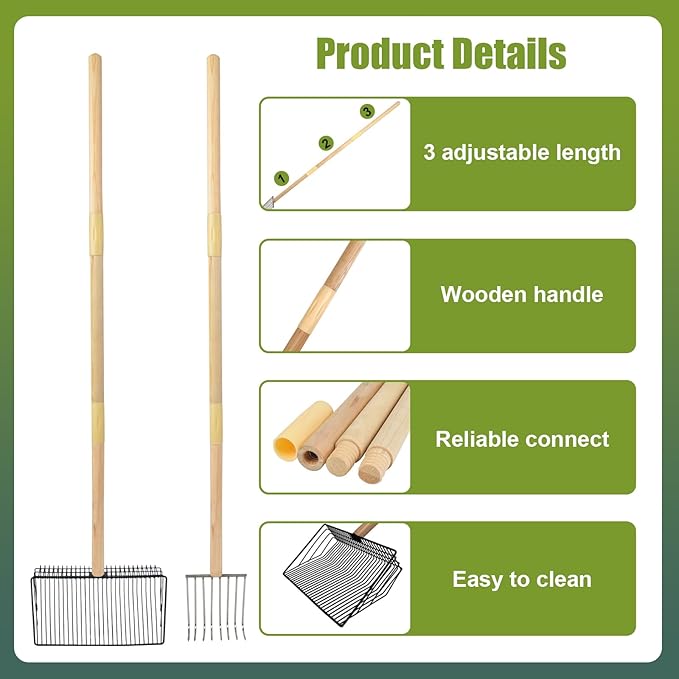 succulentlovers 2 Pack Chicken Poop Scooper & Chicken Coop Rake, Large Metal Chicken Scoop 3 in 1 Sifting Shovel Wooden Handle, Detachable Chicken Coop Cleaning Tools for Chicken Coop Accessories