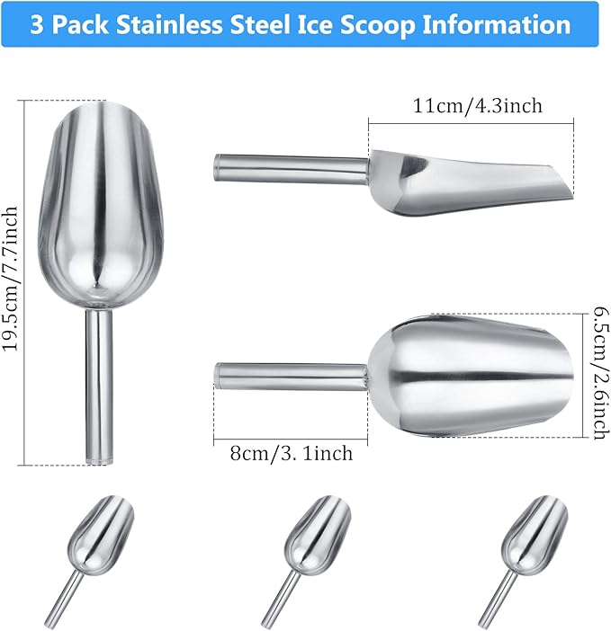 3 Packs 6 Ounce Stainless Steel Ice Scoop Small Metal Food Scoop for Home Kitchen Shop Bar Buffet Ice Cube Candy Popcorn Coffee Beans Food Jars Canister