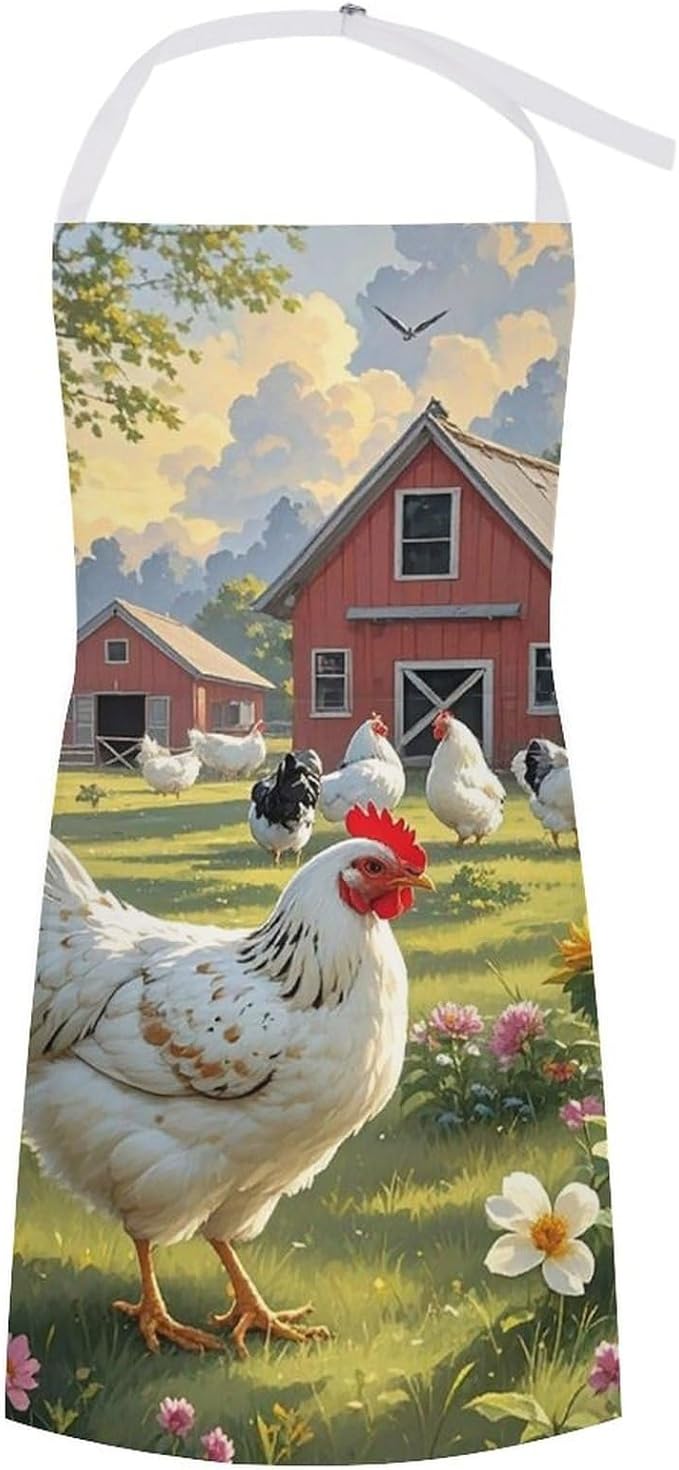 Chickens And Farm Chef Apron for Men Women with 2 Pockets Water & Oil Resistant Bib Aprons Adjustable Neck Strap & Long Ties Work Apron for Cooking Grilling Serving Crafts Gardening