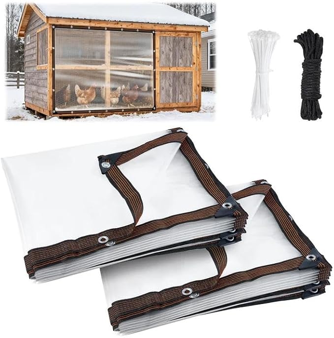 NNG 2 PCS 6.6x10ft Waterproof Chicken Coop Cover for Winter,Anti-Tear Chicken Run Tarp with Rope & Cable Tie,Chicken Coop Insulation Windproof Winterizing Cover for Poultry Cage Patio Covering