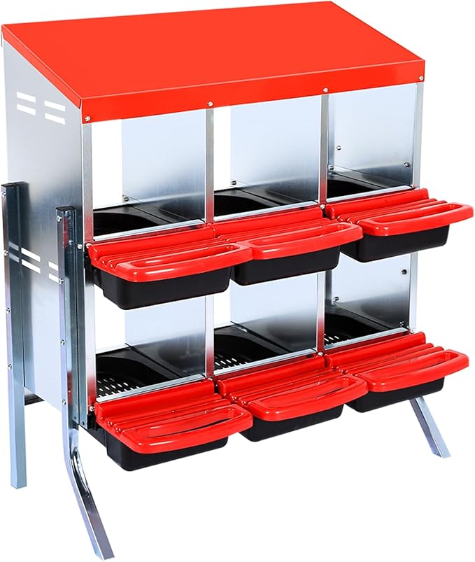 Chicken Nesting Boxes 6 Compartments Chicken Laying Boxes Roll Away Egg Collection Metal Poultry Nest Box with Perch and Lid Cover Free Standing Egg Laying Boxes for Hens Chicken