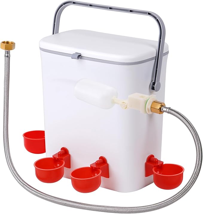 Automatic Chickens Waterer with Float Valve, 2 Gallons Poultry Water Feeder Drinking Dispenser with 4 Water Cups, Chicken Drinker with Hose Attachment for Chicks, Gooses, Ducks, Turkeys