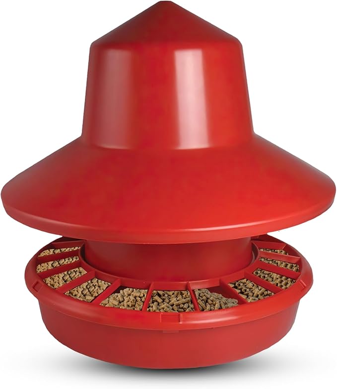 Stromberg's 50 lb Rain Shield Feeder, Large Capacity Range Feeder, Durable One-Piece Plastic Lid and Shield, Easy-Fill Design, Feed-Saving Grill, 24" Overall Height, 22" Pan Diameter