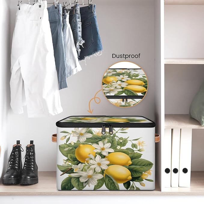 Lemon Fruits Storage Bins with Lids, White Flower Fabric Storage Boxes with Zipper, Collapsible Decorative Closet Organizer Cube for Clothes, Toys, Organizing, Shelves