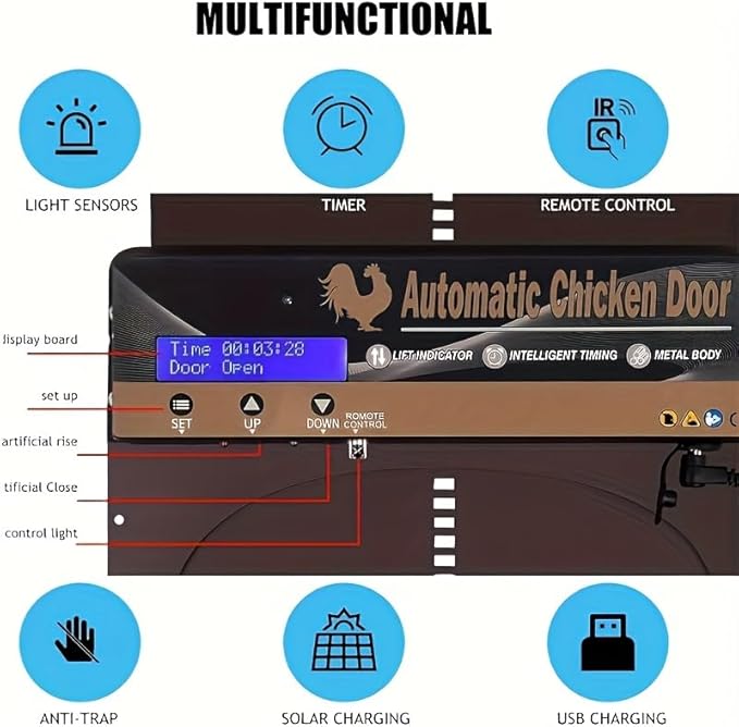 Automatic Chicken Coop Door Solar Powered, IP65 Waterproof Aluminum Auto Chicken Door with Timer Light Sensor Remote Control, Anti-Pinch Protection, LCD Display, 3 Power Modes for Poultry Duck Goose