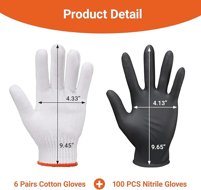100 PCS Disposable Black Nitrile BBQ Gloves Large - 5 Mil Heavy Duty Power Latex Free for Grilling, Kitchen Cooking, BBQ, Serving, Barber, with 6 Pairs Cotton Glove Liners for Men & Women
