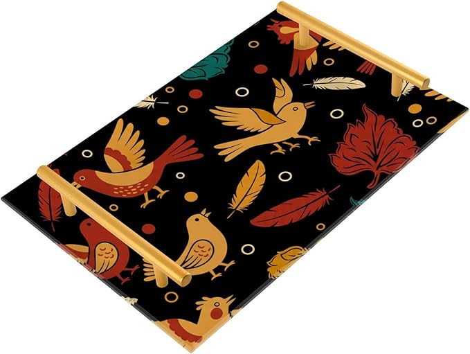 Bathroom Vanity Tray Counter Organizer, Autumn Birds and Leaves Pattern Decorative Tray with Handles Countertop Storage for Bathroom Bedroom Kitchen Home Farmhouse