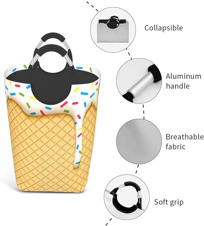 Ice Cream Cone Laundry Basket Yellow Foldable Laundry Hamper Cute Collapsible Laundry Baskets with Handles Clothes Hamper Laundry Tote Bag for Dorm Family Storage Bin 50L