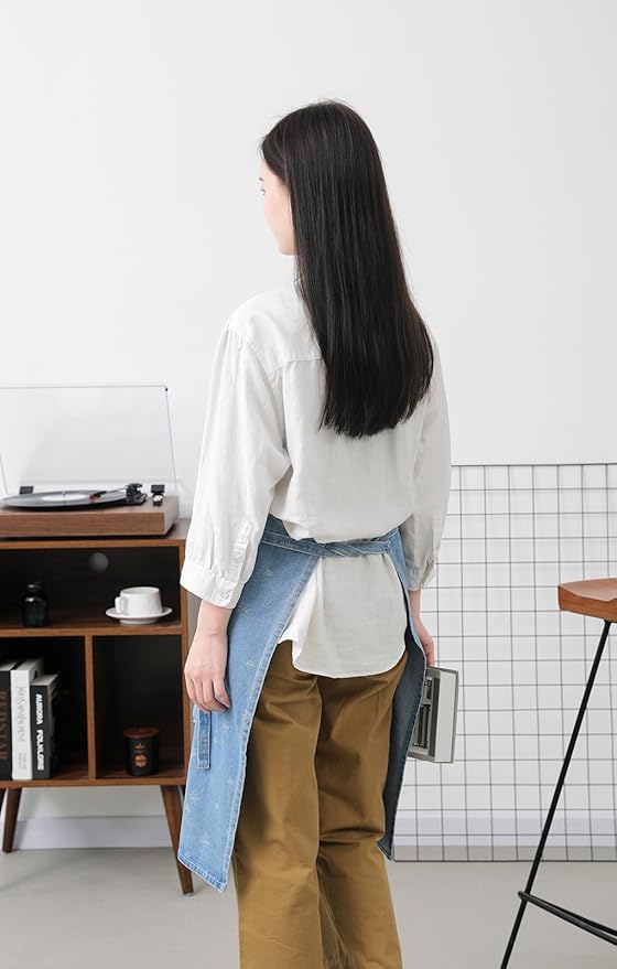 Cotton Denim Apron Soft - Unisex Adjustable Bib Apron with 5-Pockets Perfect for Kitchens