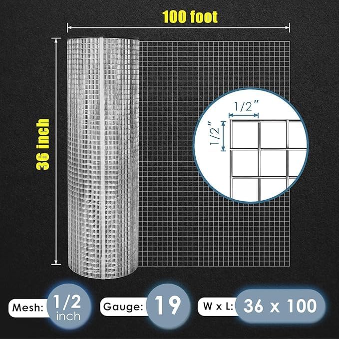GoldPeak Galvanized Hardware Cloth 1/2 inch 36 x 100 ft 19 Gauge, Hot-dip Galvanized After Welding, Chicken Wire Fencing Wire Mesh Roll Welded Wire Fence Gopher Wire Cloth Rodent Wire