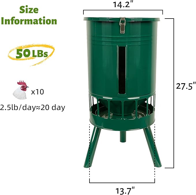 KOL 50LB Metal Chicken Feeder - No Waste, No Clog Design with 16 Ports & Smooth Gravity-Flow, Powder Coated Rust-Proof for Coop Use (Green)