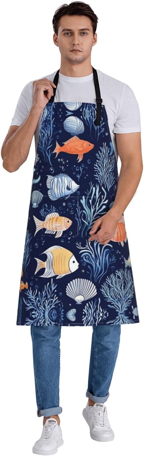 Kitchen Aprons for Men Women Waterproof Apron with 2 Pockets Whale Tail Apron Adjustable Bib Aprons