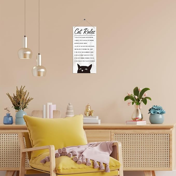 Funny Cat Rules Sign - Decorative Wood Hanging Plaque, Pet Decoration, House Theme Wall Door Decor, Cat Owner Home Gift