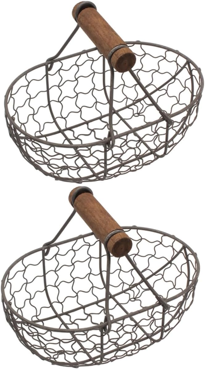 2pcs Farmhouse Style Wire Egg Basket with Wooden Handle, Small Metal Mesh Storage Basket for Kitchen Fruit, Bread, and Egg Organization in Gray Black