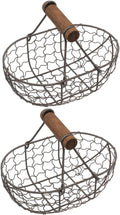 2pcs Farmhouse Style Wire Egg Basket with Wooden Handle, Small Metal Mesh Storage Basket for Kitchen Fruit, Bread, and Egg Organization in Gray Black