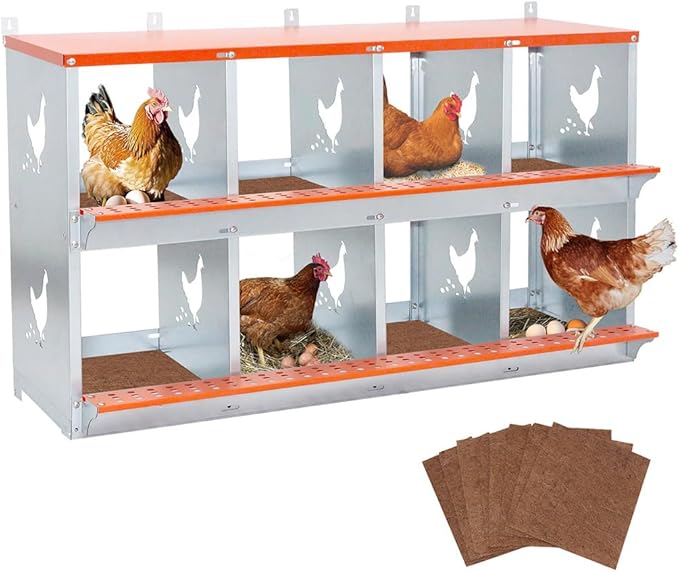 8 Hole Chicken Nesting Boxes for Laying Eggs, Large Galvanized Steel Hen Nesting Box with Ventilation & Coconut Fiber Pads, Wall Mount Chicken Laying Box for Hens, Ducks & Birds, Orange