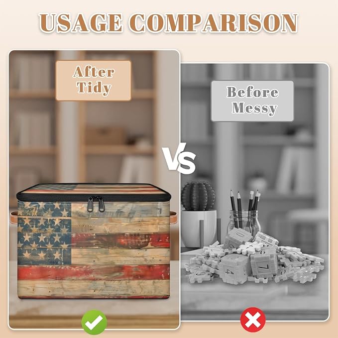 American flag Storage Bins with Zipper Lid, Vintage Wooden Lidded Storage Baskets Boxes Foldable Organizer with Leather Handles for Clothes Closet Shelf