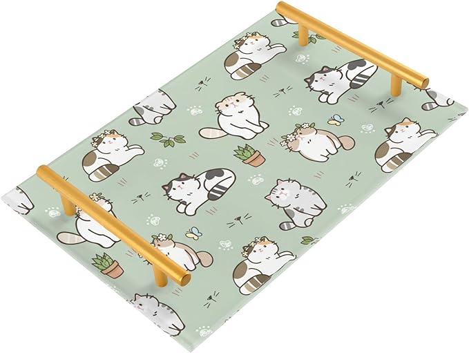 Bathroom Vanity Tray Counter Organizer, Cartoon Cats Green Decorative Tray with Handles Countertop Storage for Bathroom Bedroom Kitchen Home Farmhouse